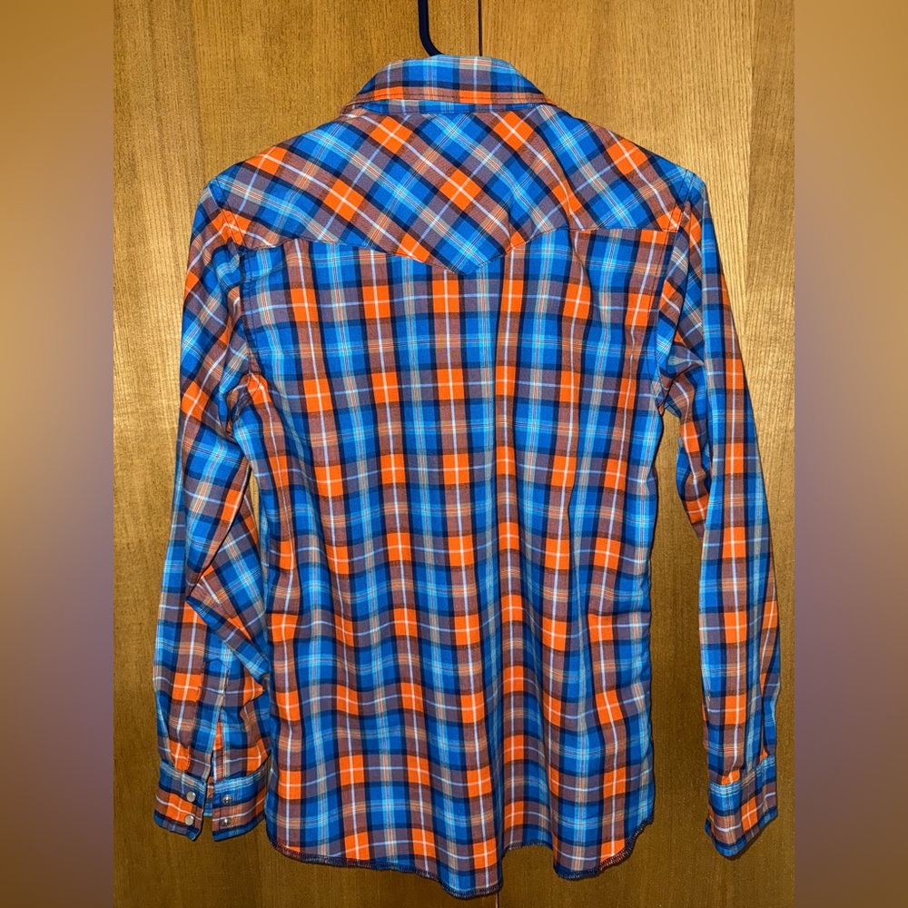 Wrangler Kids Youth Western Plaid Pearl Snap Shirt XL (14-16) Orange Blue - Picture 2 of 9